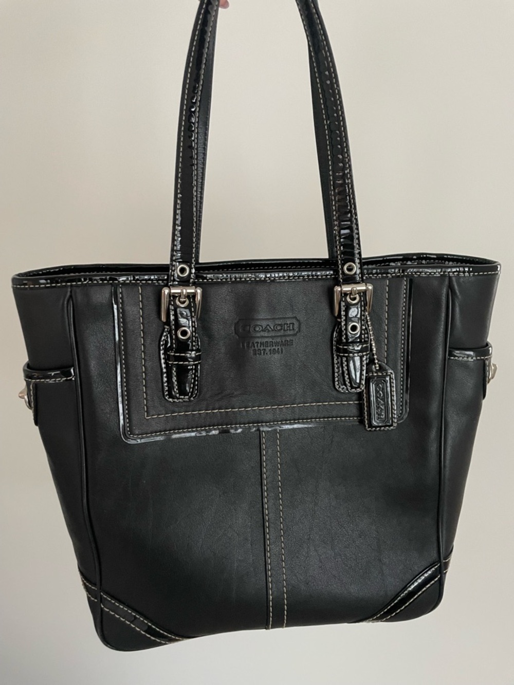Coach Black Leather Tote with Contrast Stitching and Silver Hardware